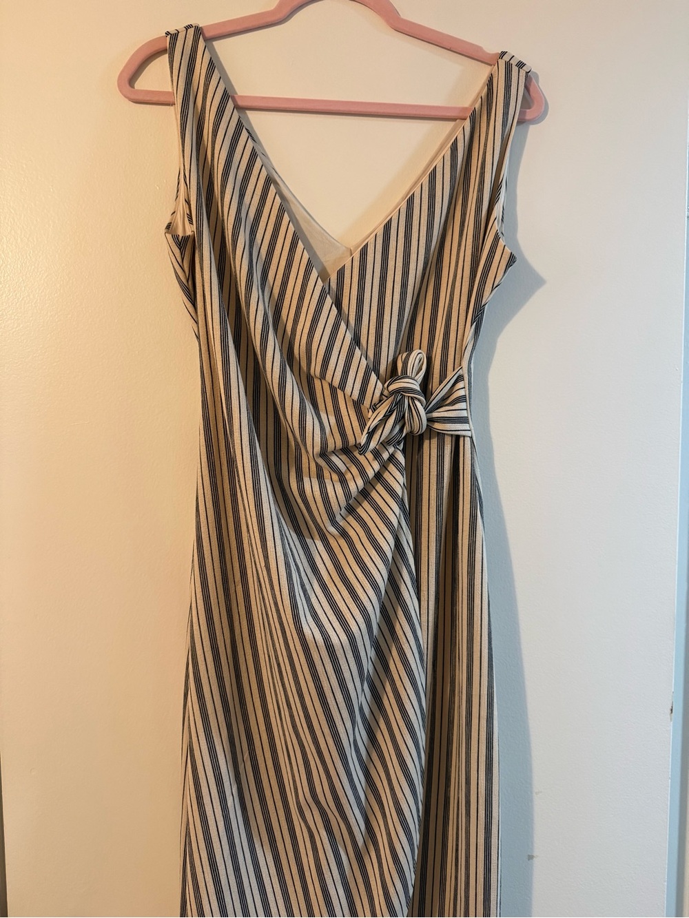 H&M Beige and Navy Striped Wrap-Front Midi Dress